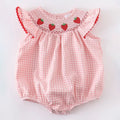 Baby Girls Strawberry Plaid Smocked Romper - 100% Cotton Summer Outfit