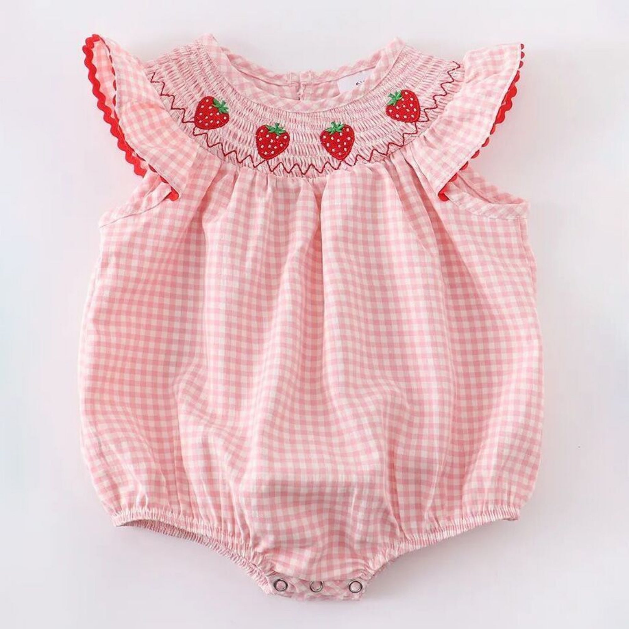 Baby Girls Strawberry Plaid Smocked Romper - 100% Cotton Summer Outfit