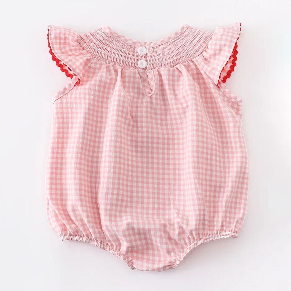 Baby Girls Strawberry Plaid Smocked Romper - 100% Cotton Summer Outfit