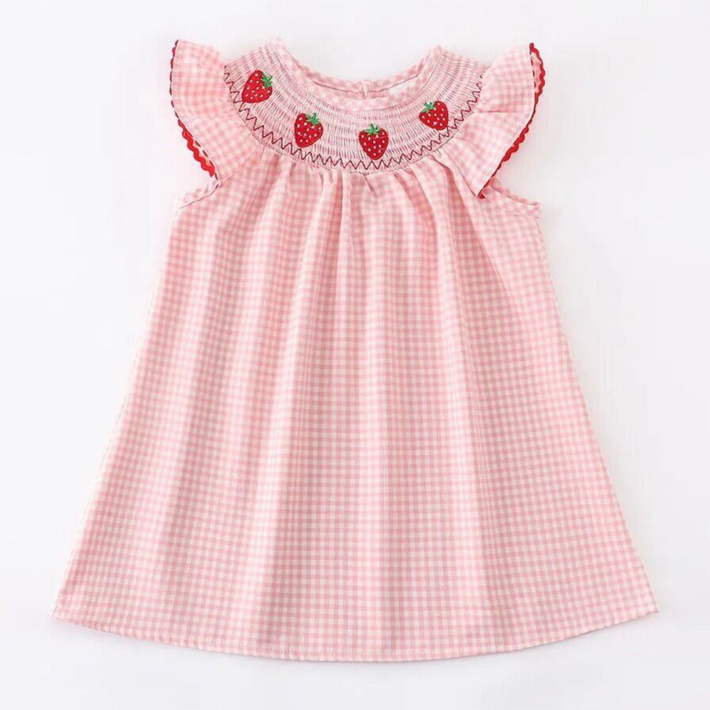 Baby Girls Strawberry Embroidered Plaid Smocked Dress - 100% Cotton