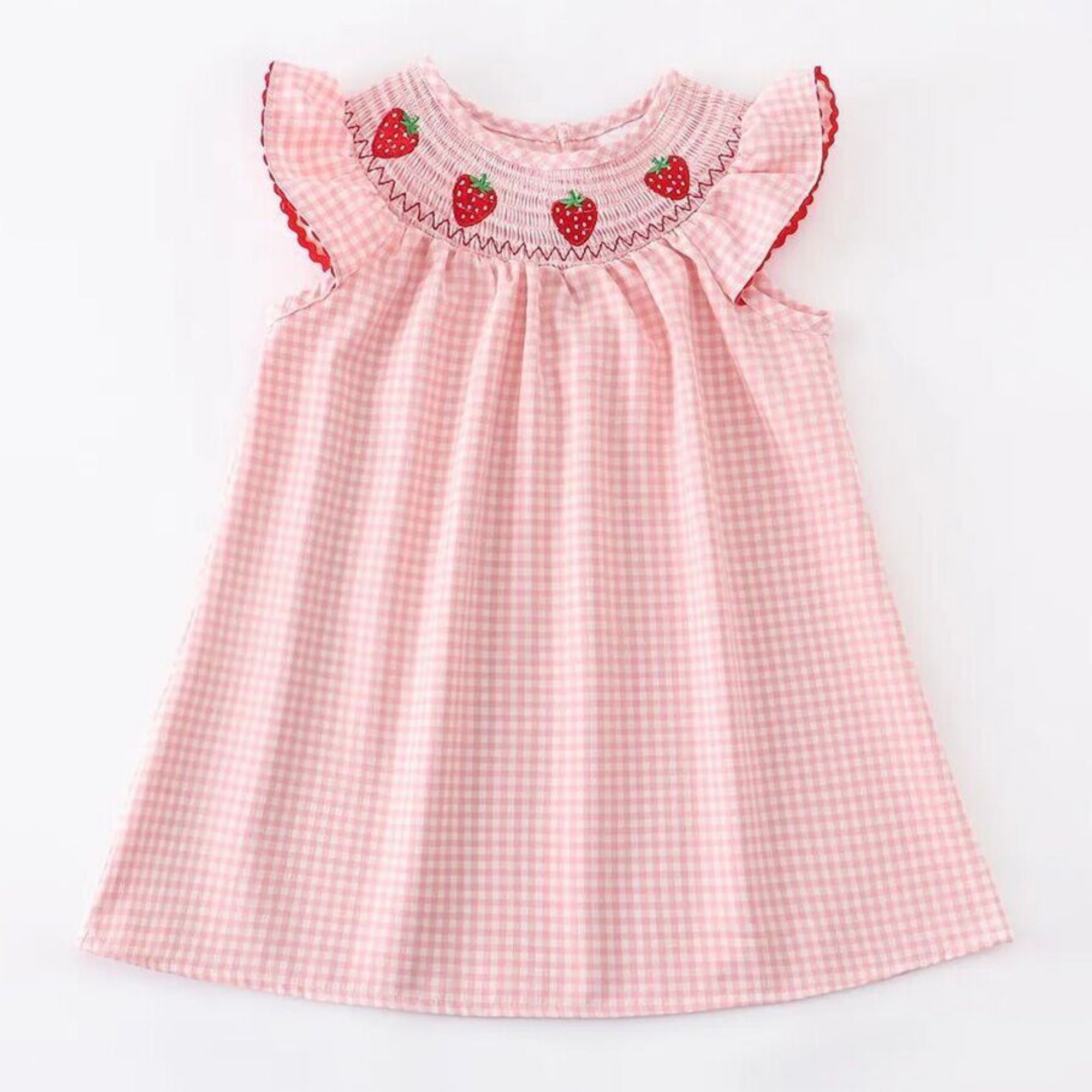 Baby Girls Strawberry Embroidered Plaid Smocked Dress - 100% Cotton