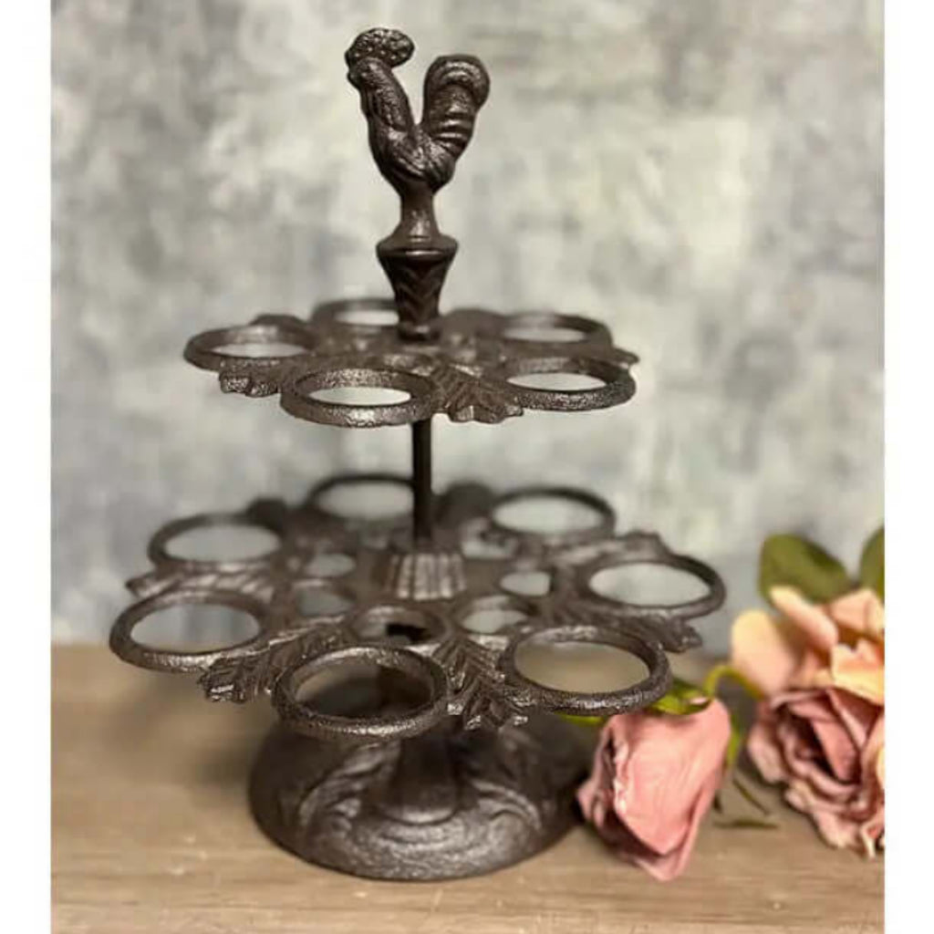Rustic Cast Iron Two-Tier Egg Holder with Rooster - Farmhouse Kitchen Decor