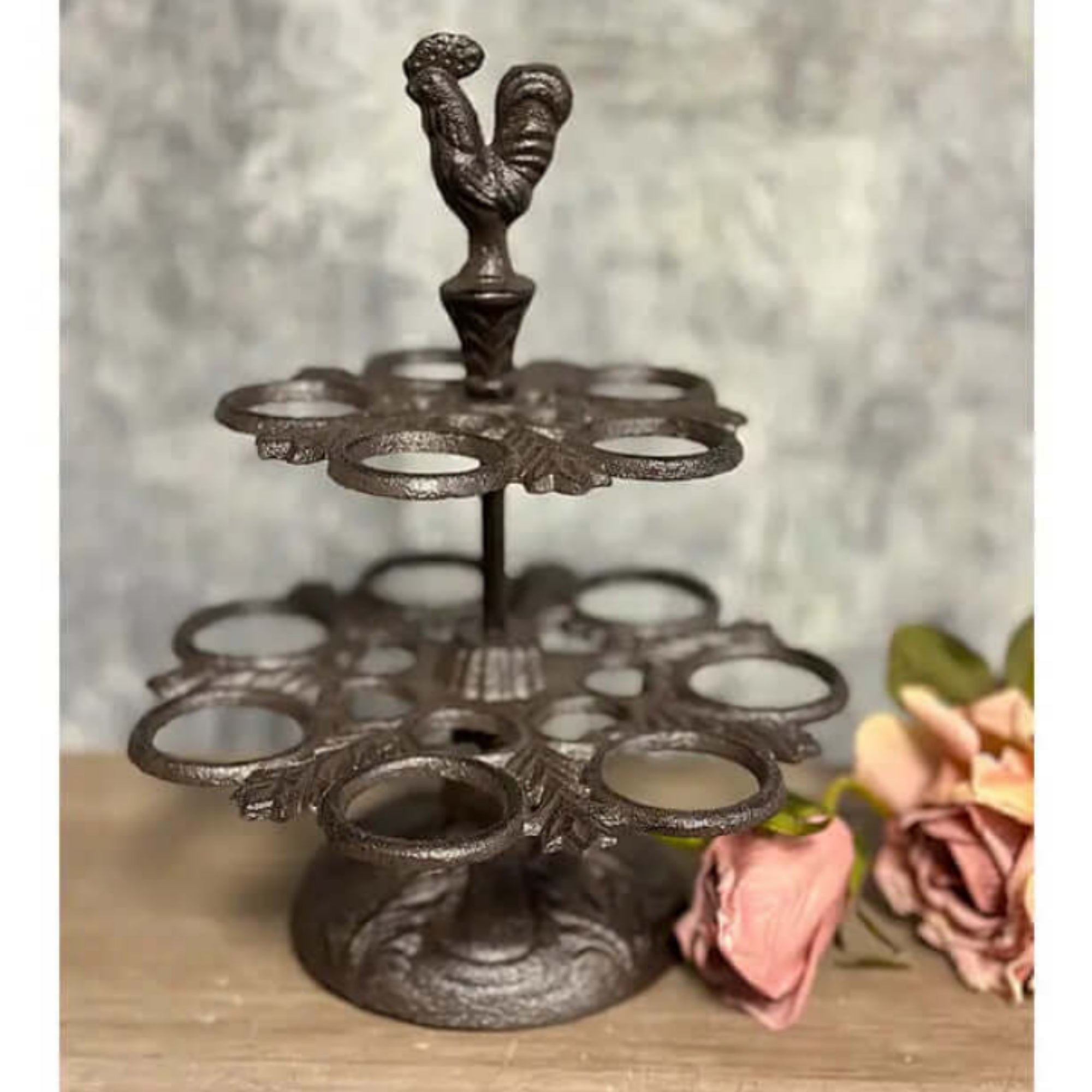 Rustic Cast Iron Two-Tier Egg Holder with Rooster - Farmhouse Kitchen Decor