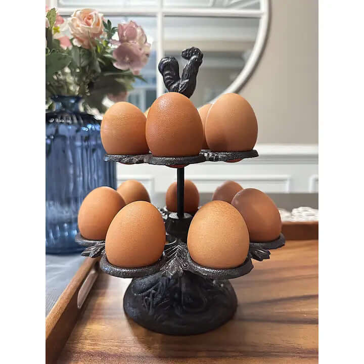 Rustic Cast Iron Two-Tier Egg Holder with Rooster - Farmhouse Kitchen Decor