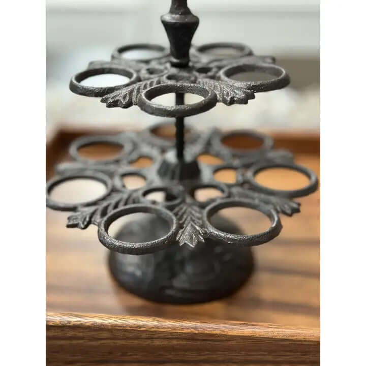 Rustic Cast Iron Two-Tier Egg Holder with Rooster - Farmhouse Kitchen Decor