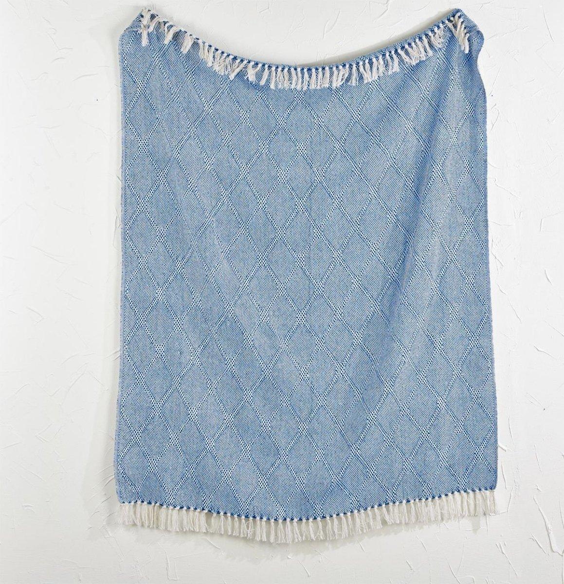 Blue Diamond Handwoven Cotton Throw Blanket with Tassels