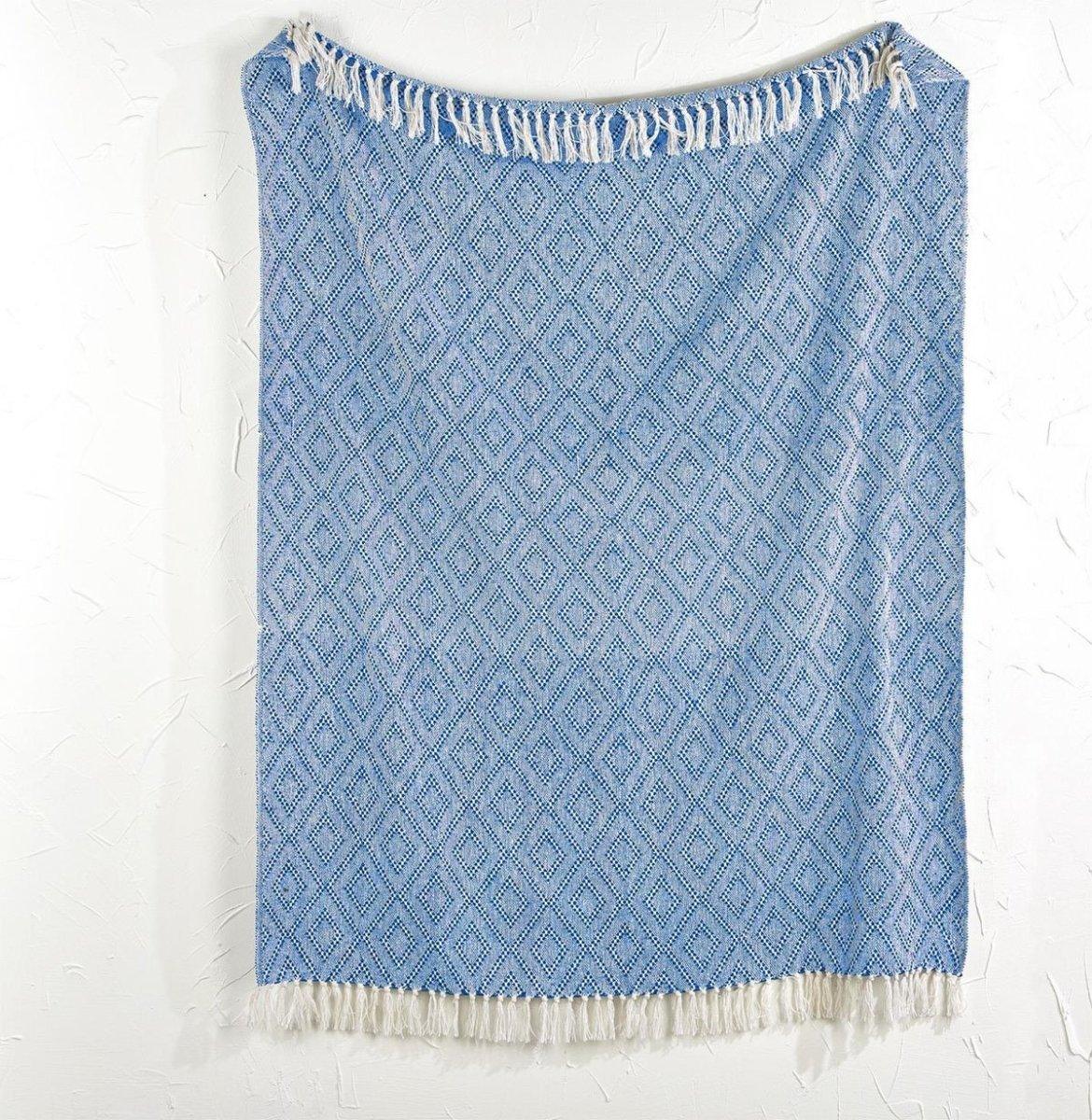 Blue Diamond Handwoven Cotton Throw Blanket with Tassels
