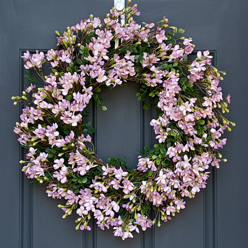 Lavender Cherry Blossom Spring Wreath - Handcrafted Floral Door Decor