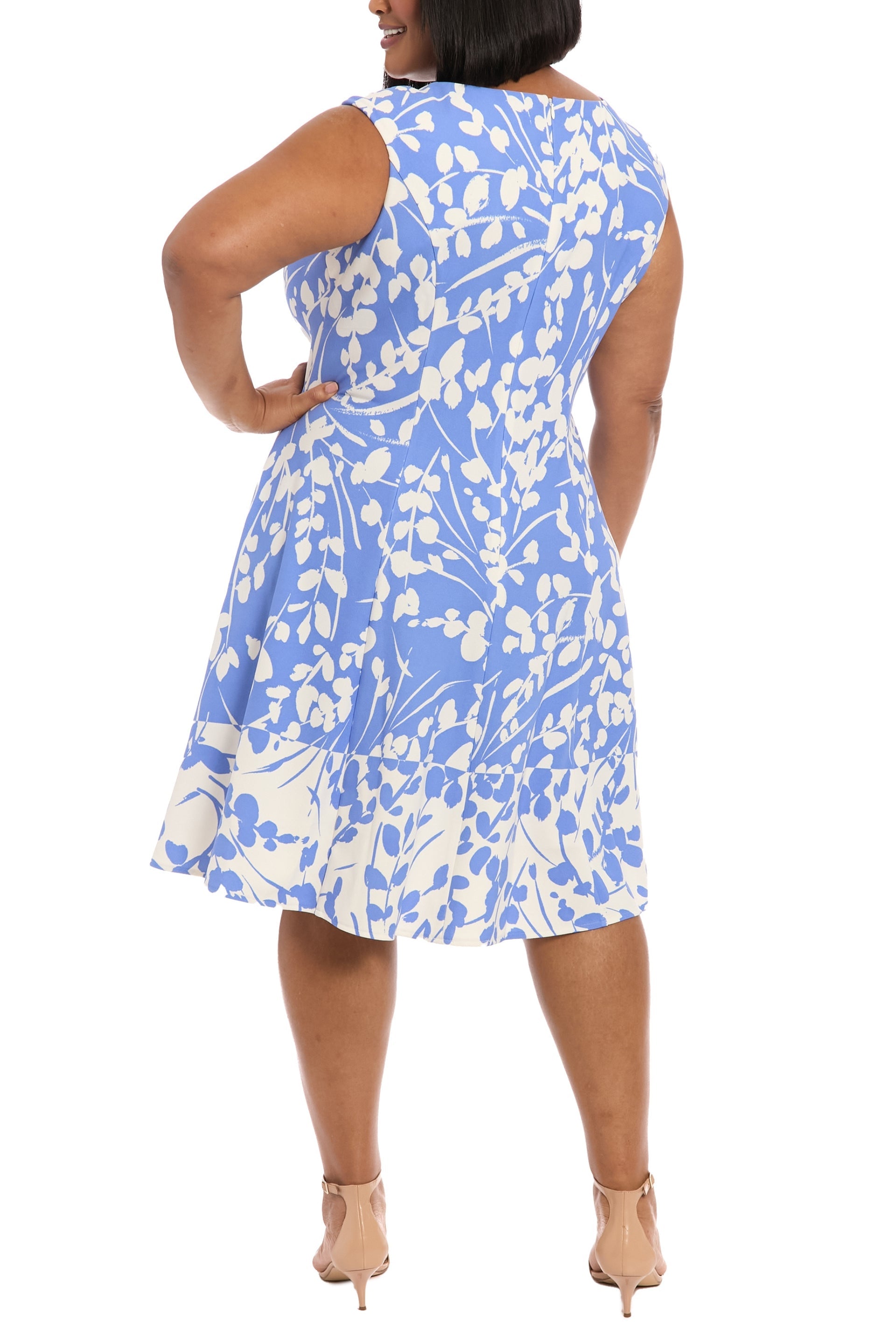 London Times Crew Neck Zipper Back Floral Print Fit & Flare Scuba Dress (Plus Size)