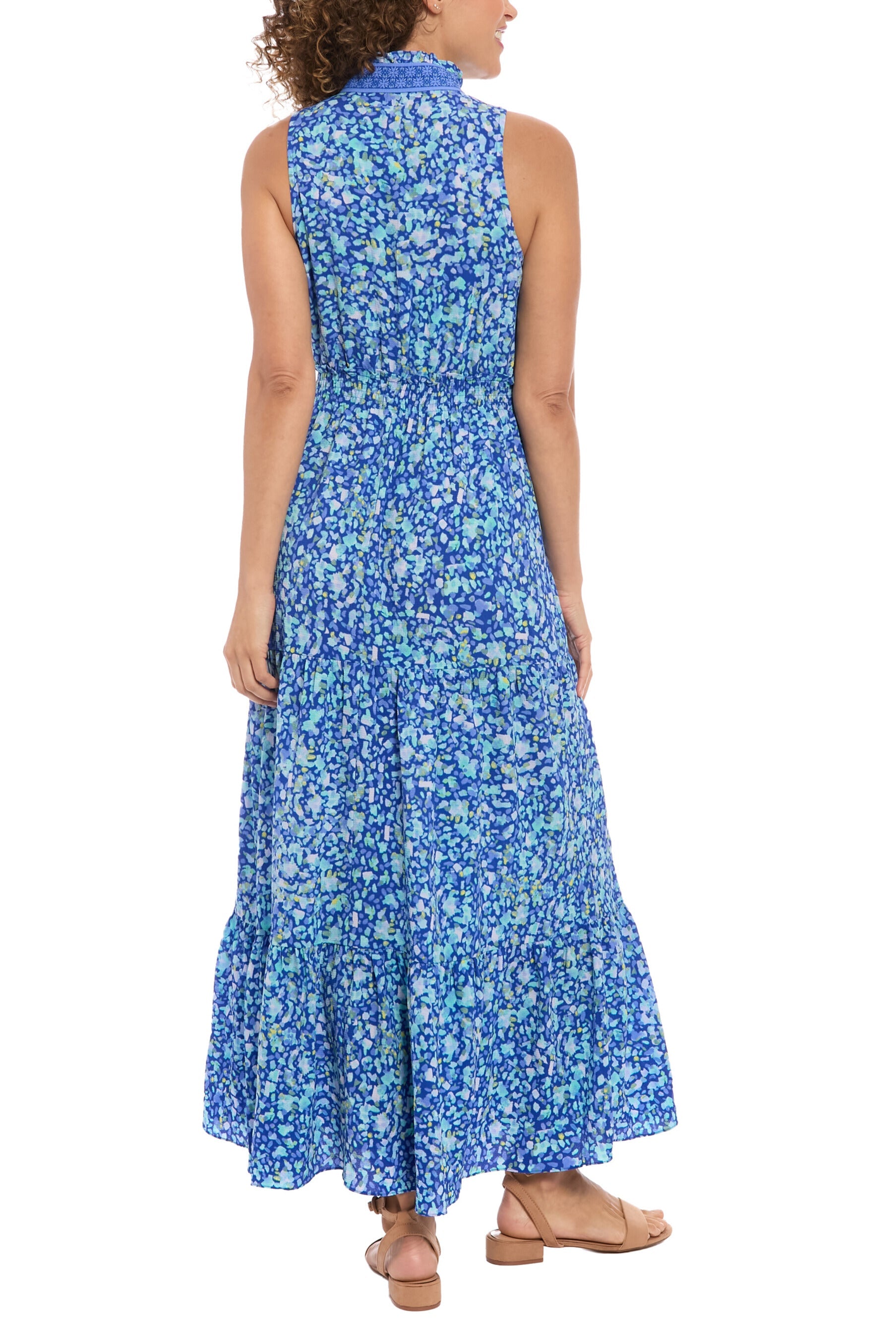 London Times High Detailed Neckline Sleeveless All-Over Floral Shirred Bodice Maxi Dress