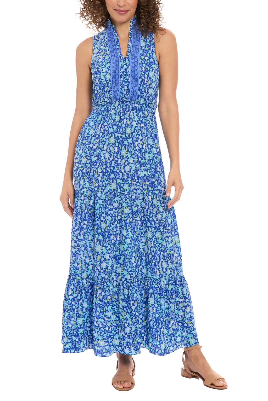 London Times High Detailed Neckline Sleeveless All-Over Floral Shirred Bodice Maxi Dress