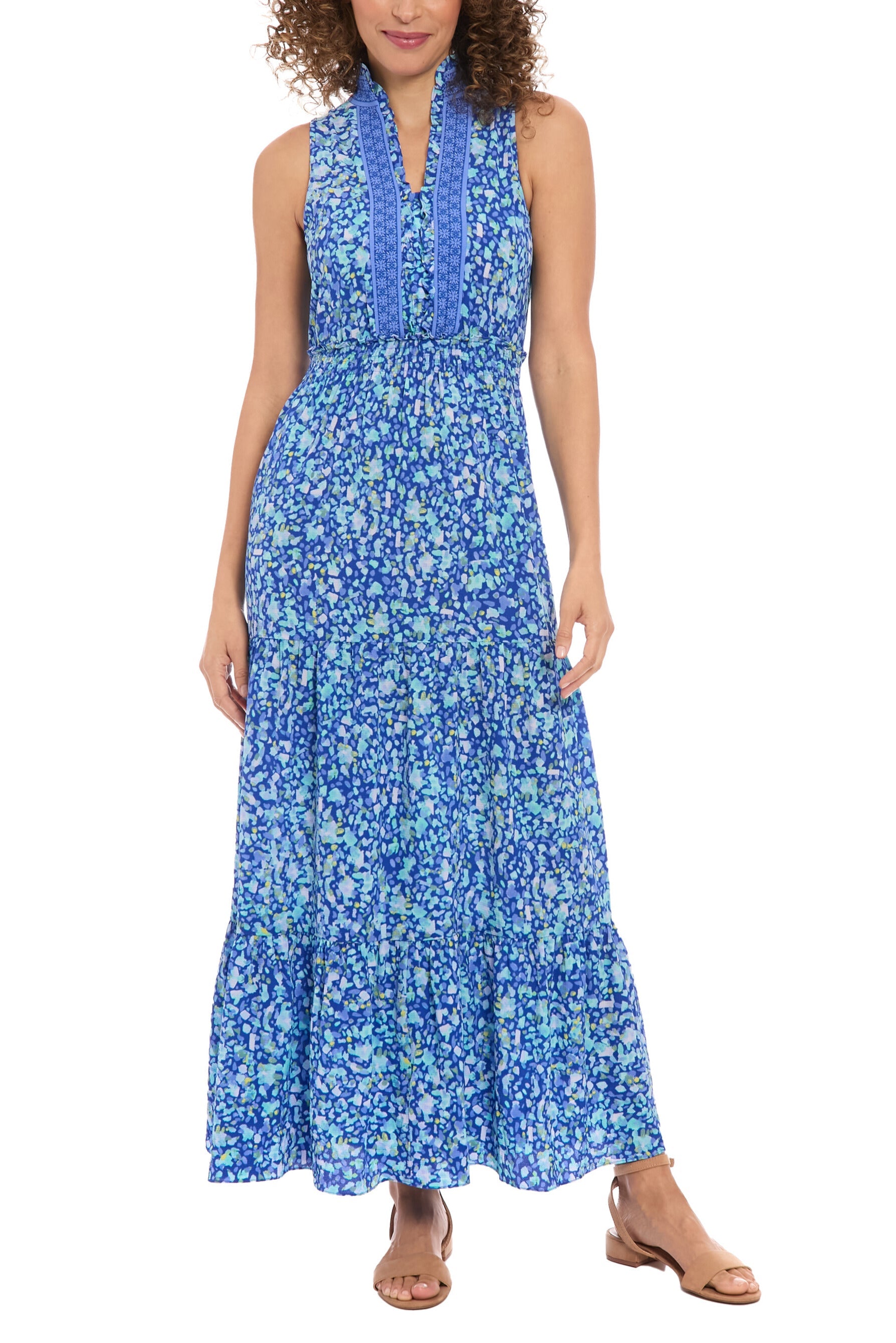 London Times High Detailed Neckline Sleeveless All-Over Floral Shirred Bodice Maxi Dress