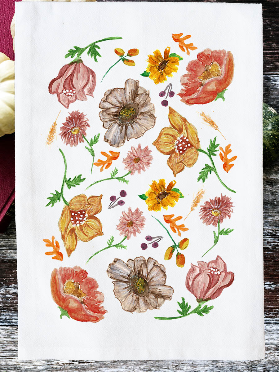 Fall Floral Collage Flour Sack Kitchen Towel - Organic Cotton