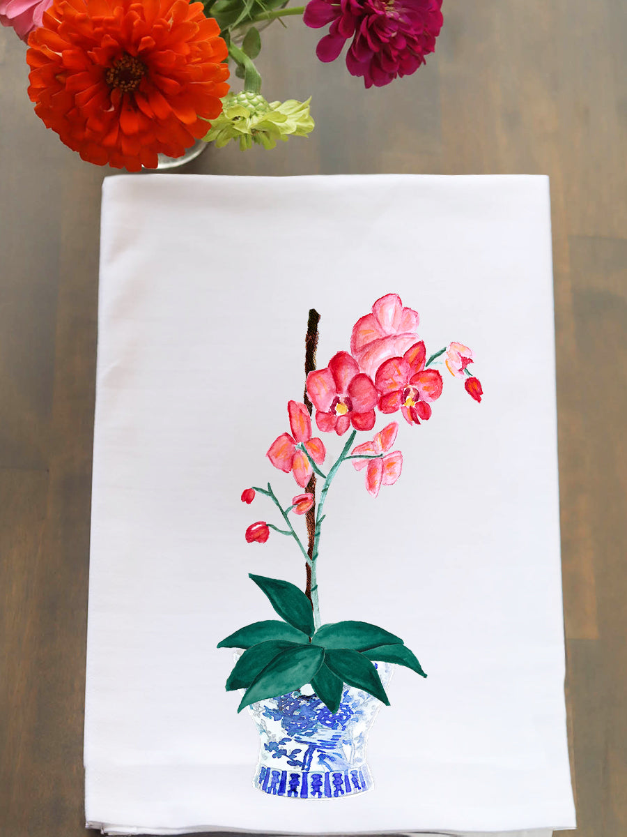 Ginger Jar Coral Orchid Kitchen Towel - Chinoiserie Organic Cotton