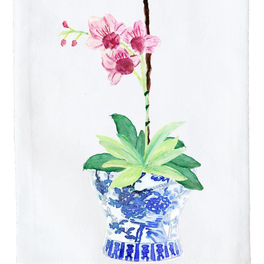 Ginger Jar with Pink Orchid Flour Sack Kitchen Towel