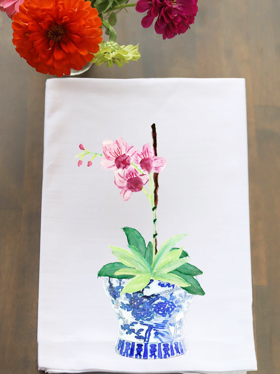 Ginger Jar with Pink Orchid Flour Sack Kitchen Towel