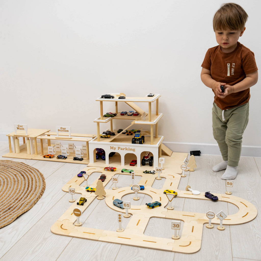 Wooden Toy Parking Garage with Working Elevator