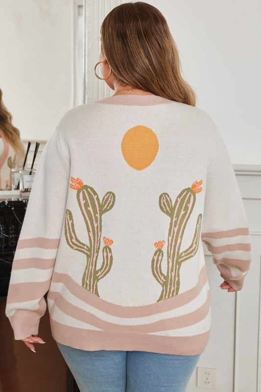 Plus Size Western Cactus Cardigan - Button Front Print Sweater