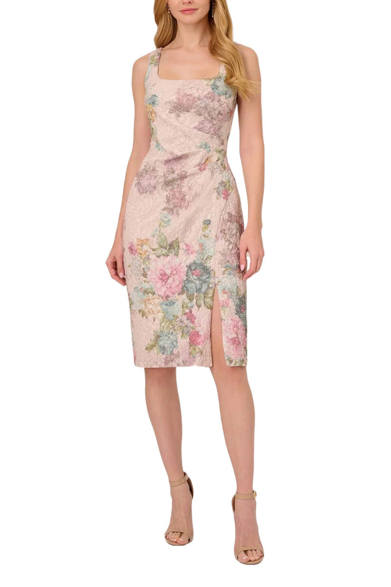 Adrianna Papell Square Neck Matelassé Dress with Side Slit