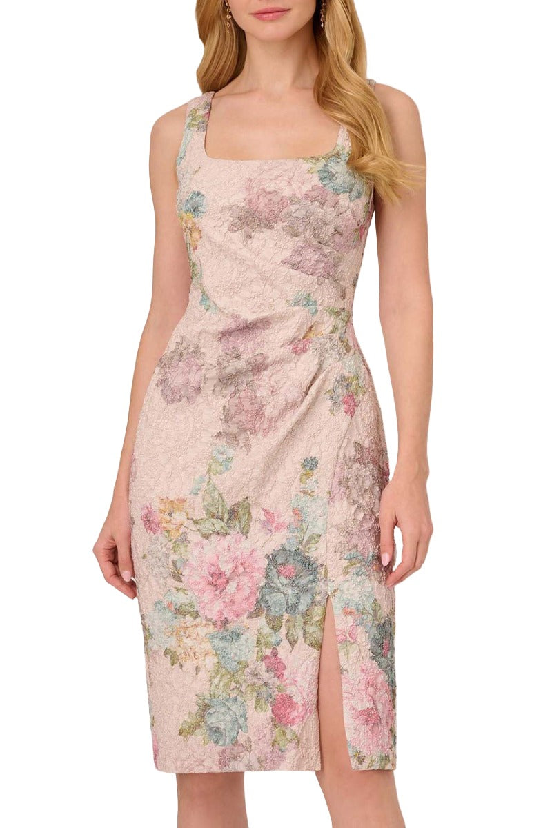 Adrianna Papell Square Neck Matelassé Dress with Side Slit
