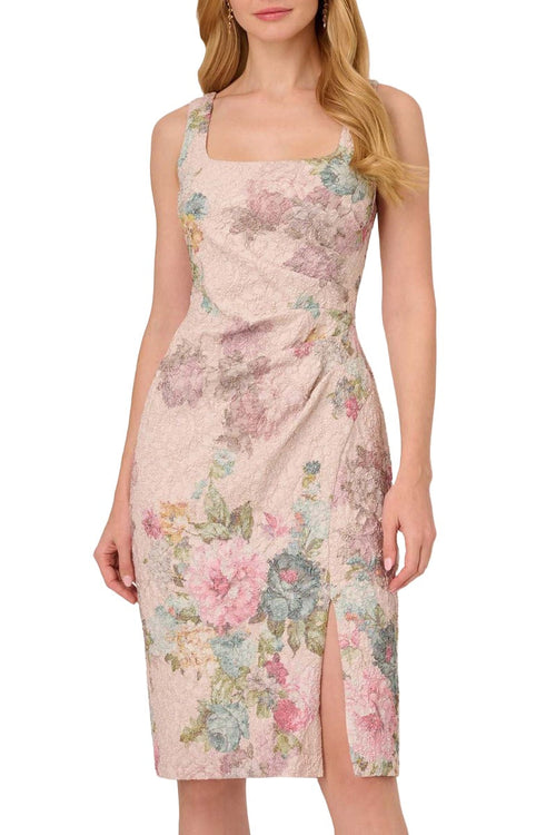 Adrianna Papell Square Neck Matelassé Dress with Side Slit