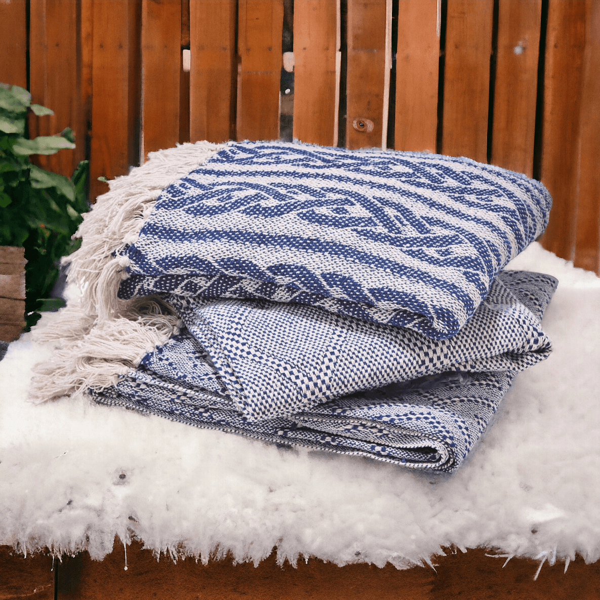 Blue Diamond Handwoven Cotton Throw Blanket with Tassels
