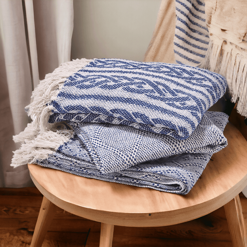 Blue Diamond Handwoven Cotton Throw Blanket with Tassels