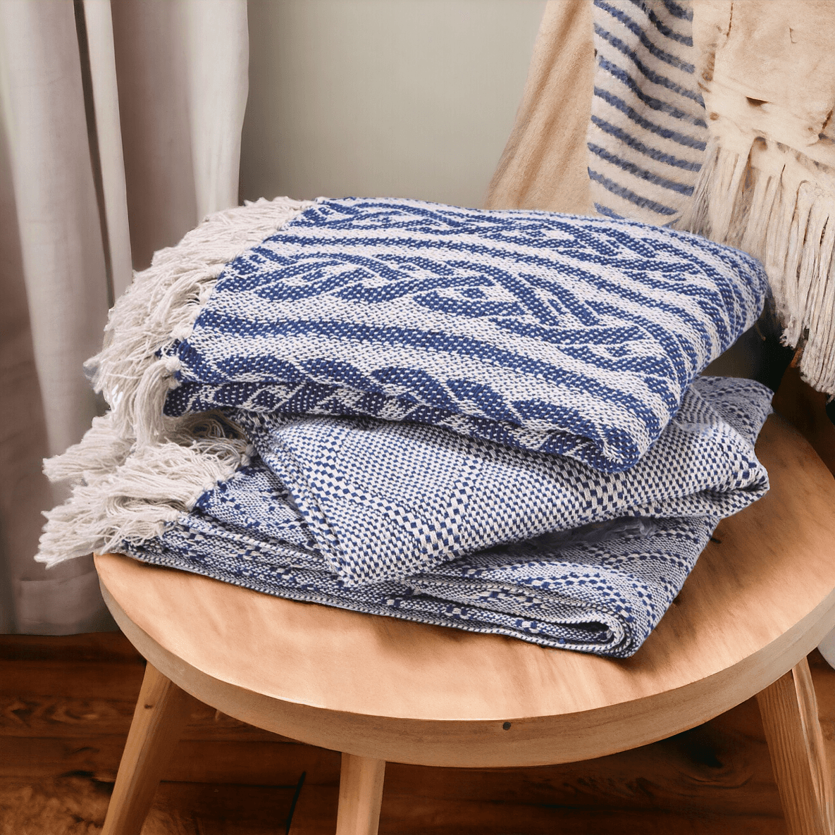 Blue Diamond Handwoven Cotton Throw Blanket with Tassels