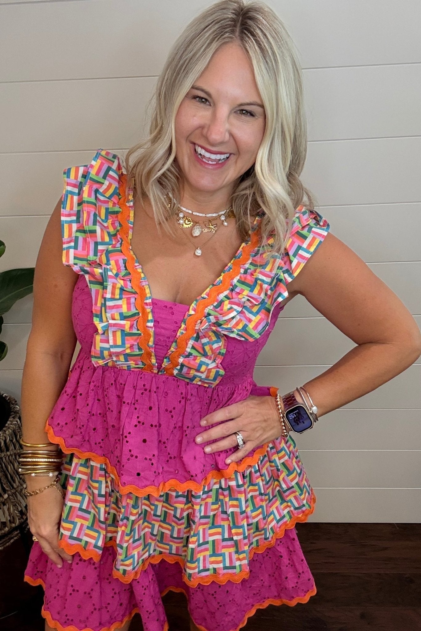 Brianna Cannon Rainbow Parquet Smocked Tiered Dress