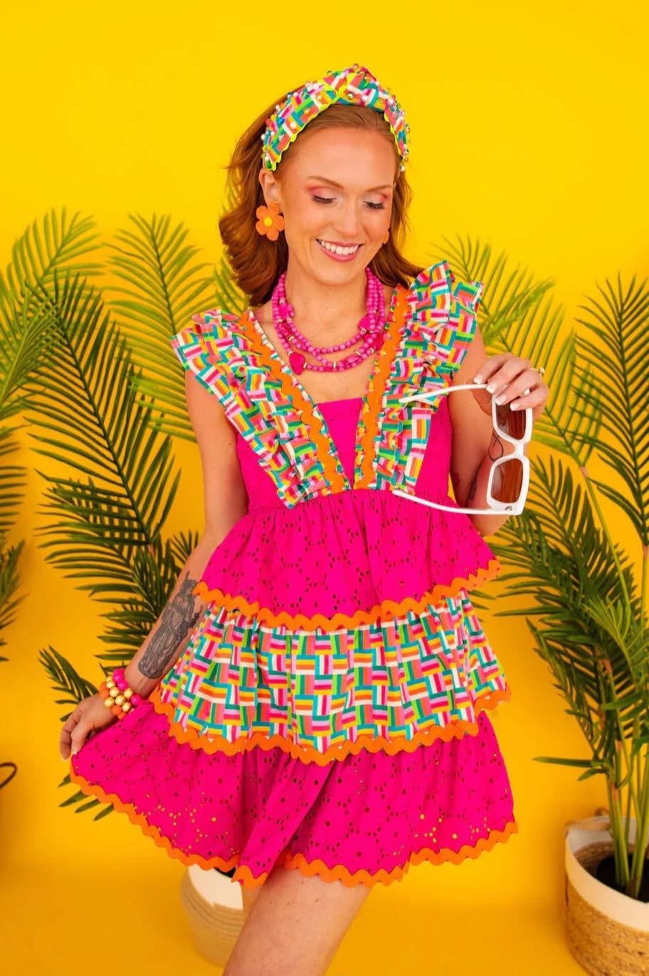 Brianna Cannon Rainbow Parquet Smocked Tiered Dress