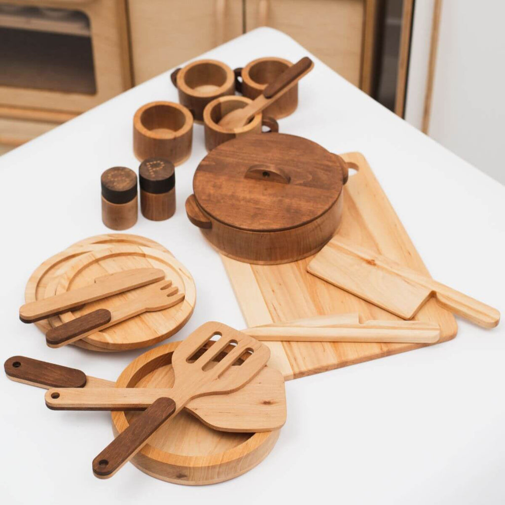 Wooden Play Kitchen Dish Set - Montessori Pretend Play for Kids
