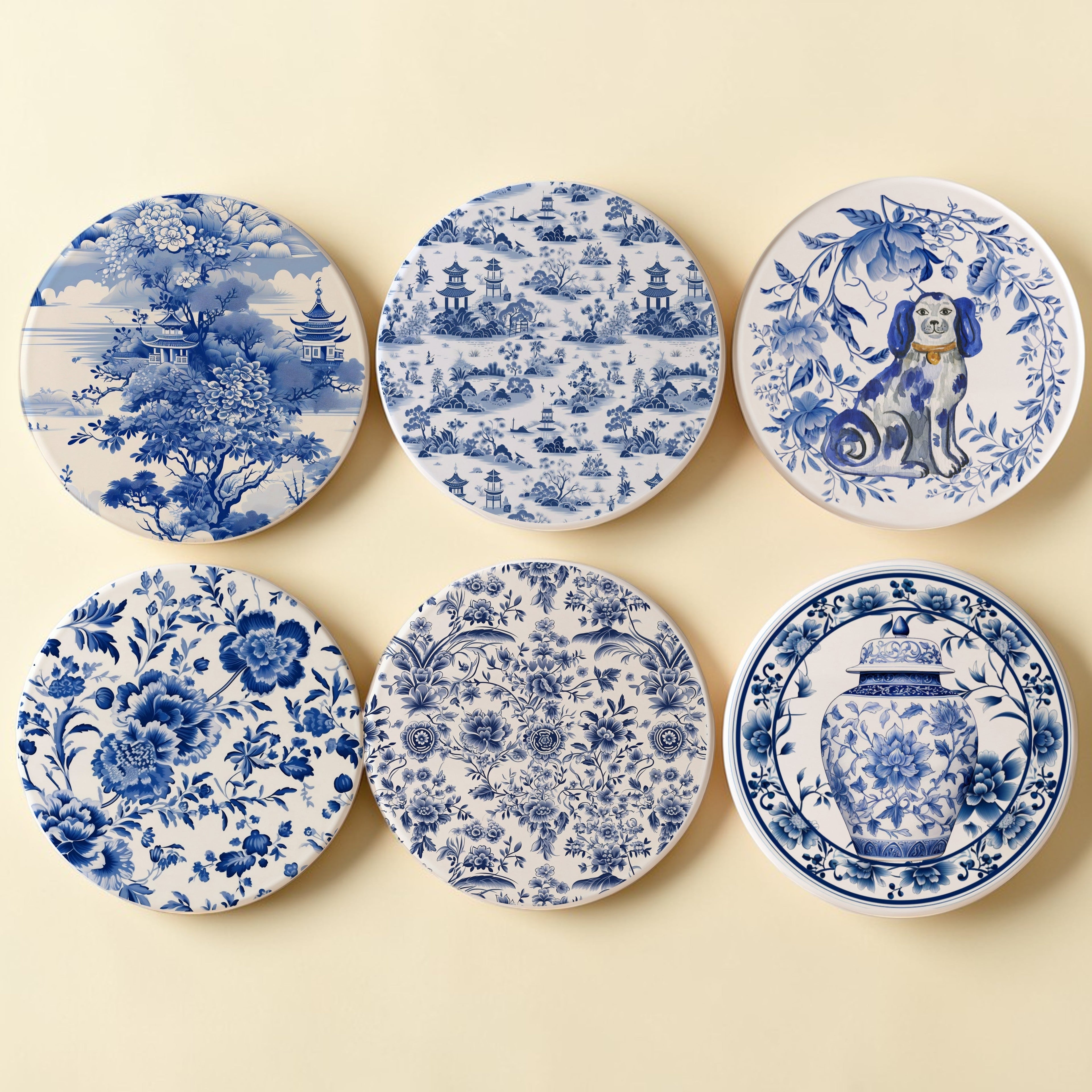 Chinoiserie Ceramic Coasters - Blue & White Designs