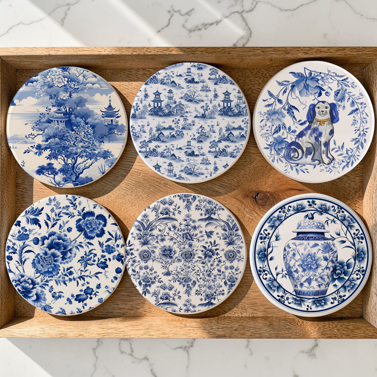 Chinoiserie Ceramic Coasters - Blue & White Designs
