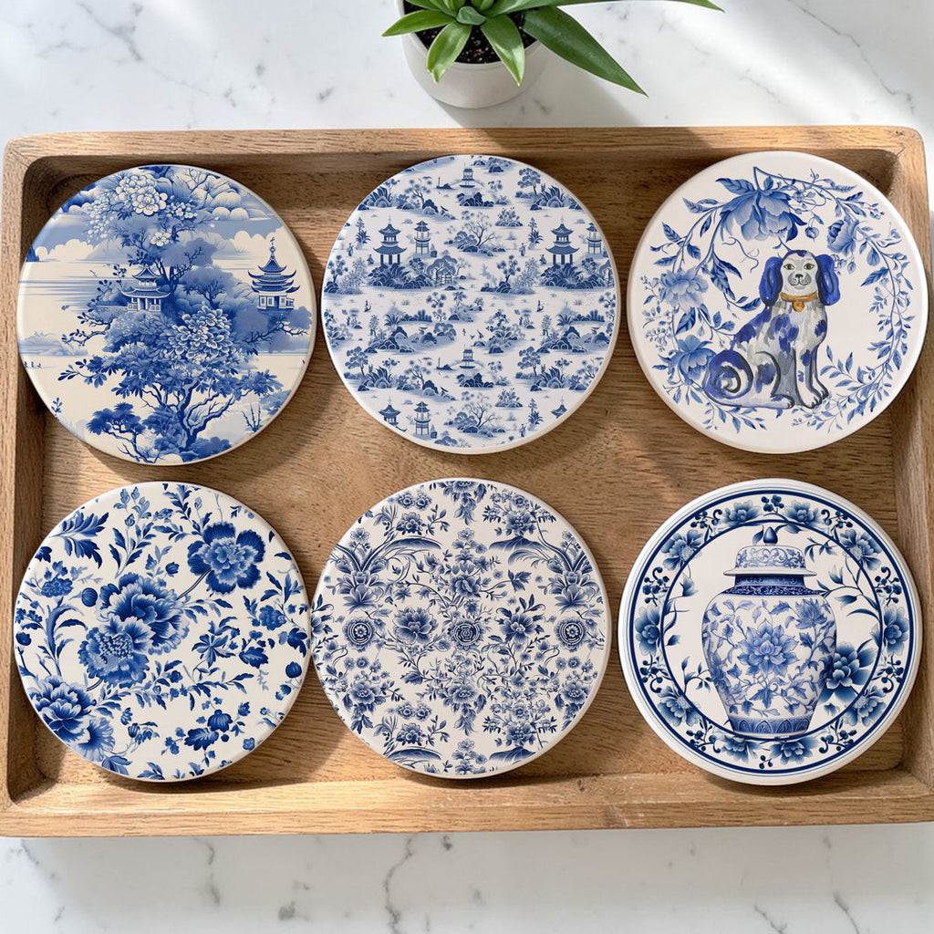 Chinoiserie Ceramic Coasters - Blue & White Designs