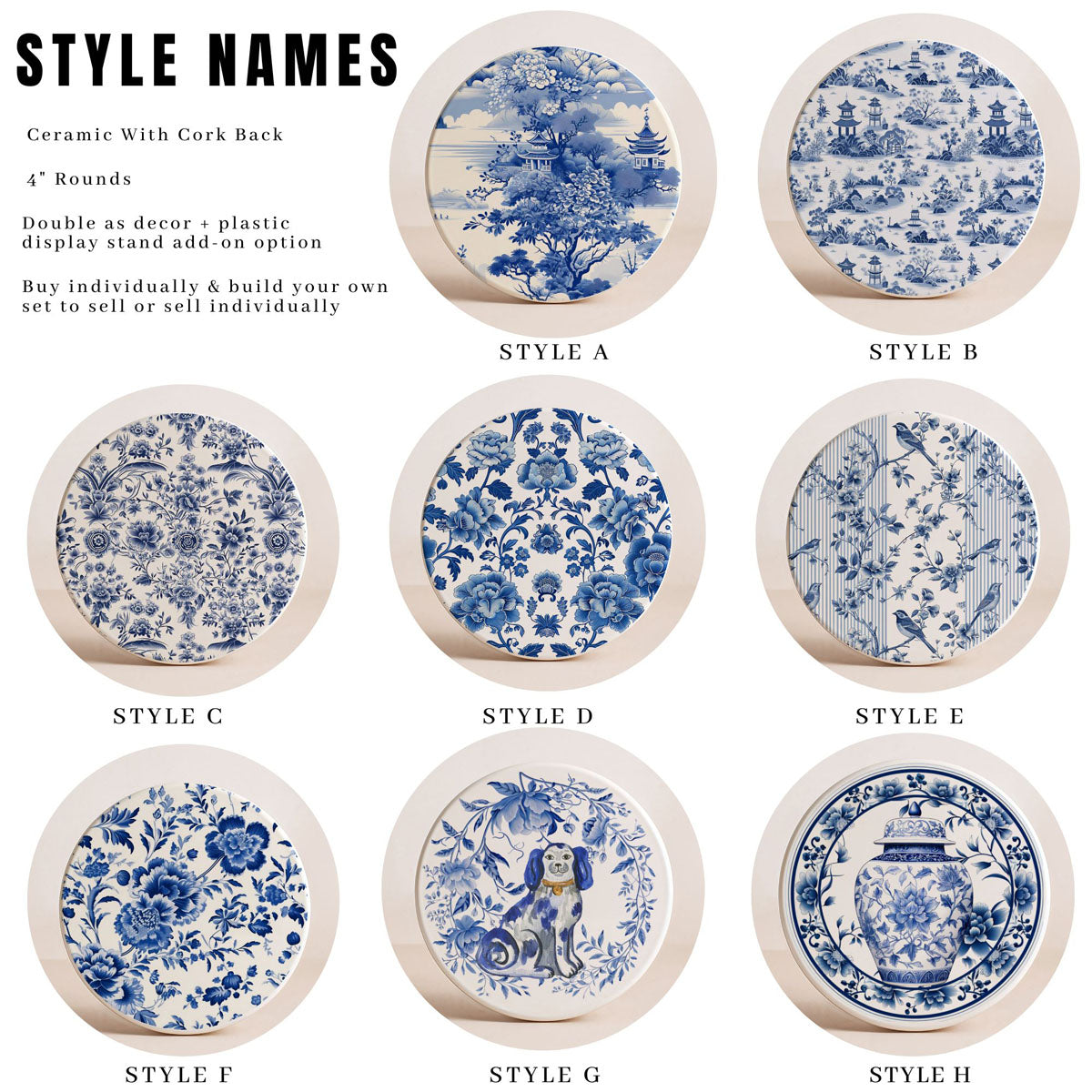 Chinoiserie Ceramic Coasters - Blue & White Designs