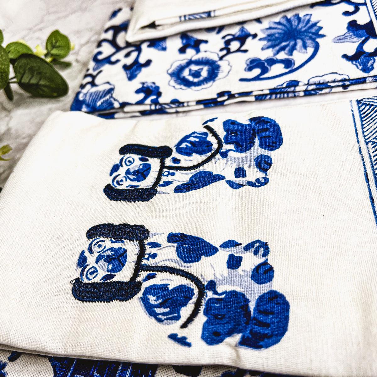 Chinoiserie Embroidered Tea Towels - Blue & White Cotton