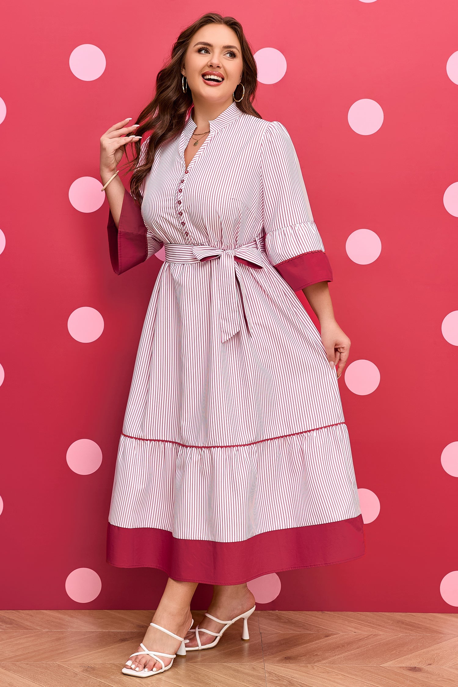 Plus Size Pinstripe Midi Dress with Ruffle Hem & Tie Belt