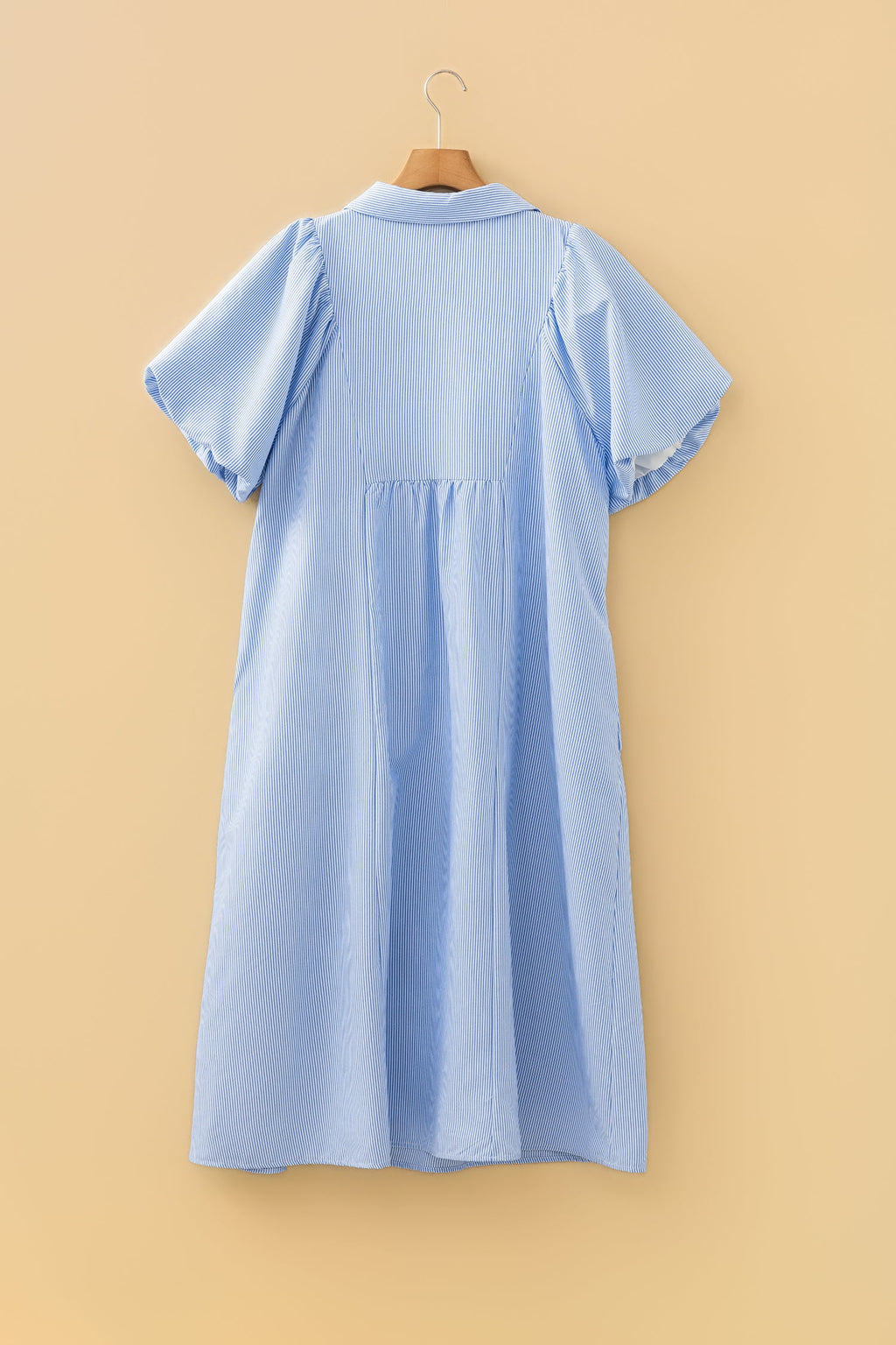 Plus Size Striped Shirred Midi Dress with Puff Sleeves