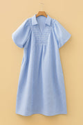Plus Size Striped Shirred Midi Dress with Puff Sleeves