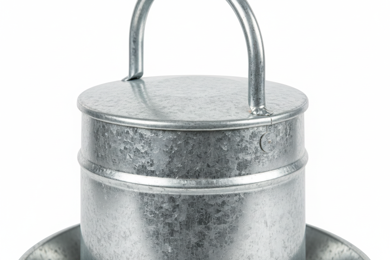 Close-up of heavy-gauge galvanized steel feeder with rolled safety edges