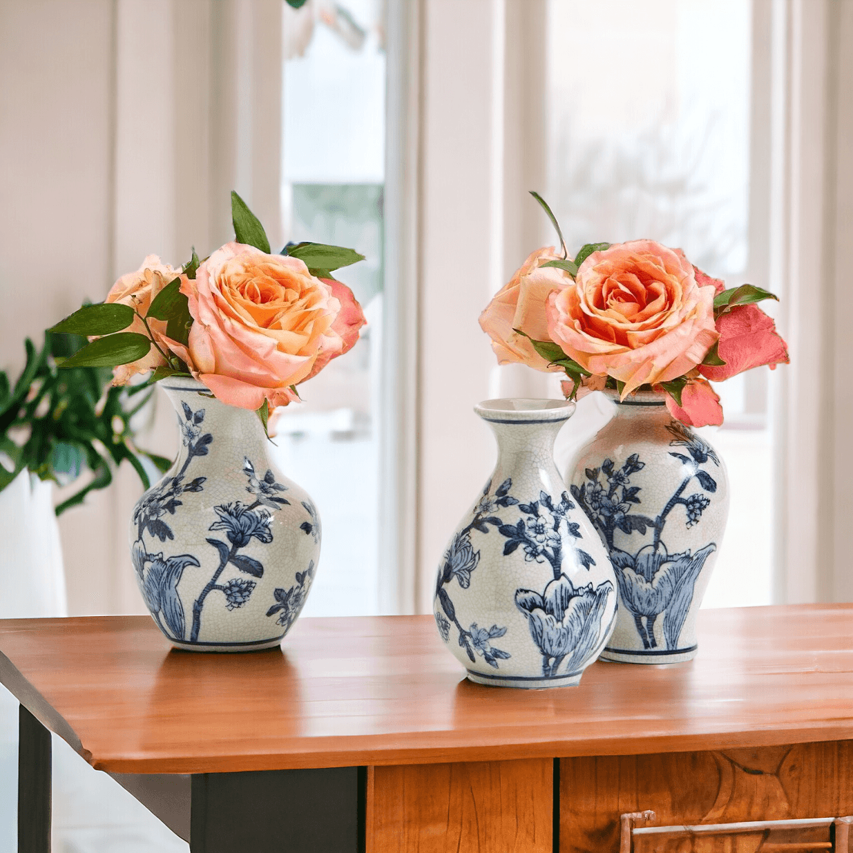 Japanese Floral Blue White Vase - Hand Painted Chinoiserie Porcelain