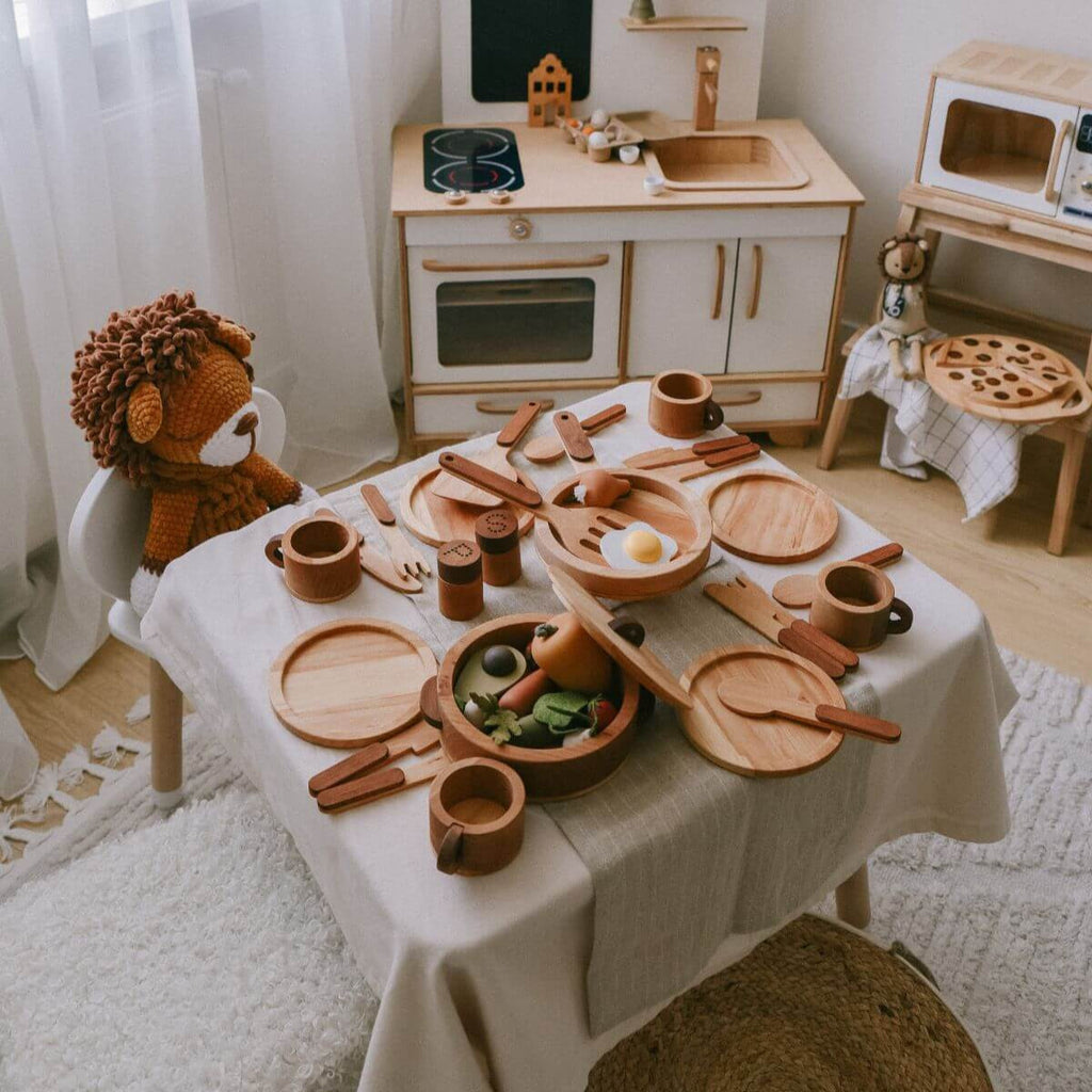 Wooden Play Kitchen Dish Set - Montessori Pretend Play for Kids