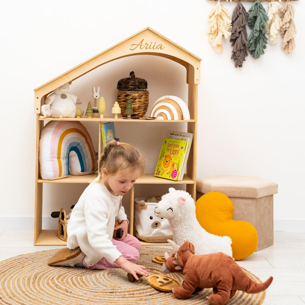 Montessori Wooden Dollhouse Bookshelf for Kids