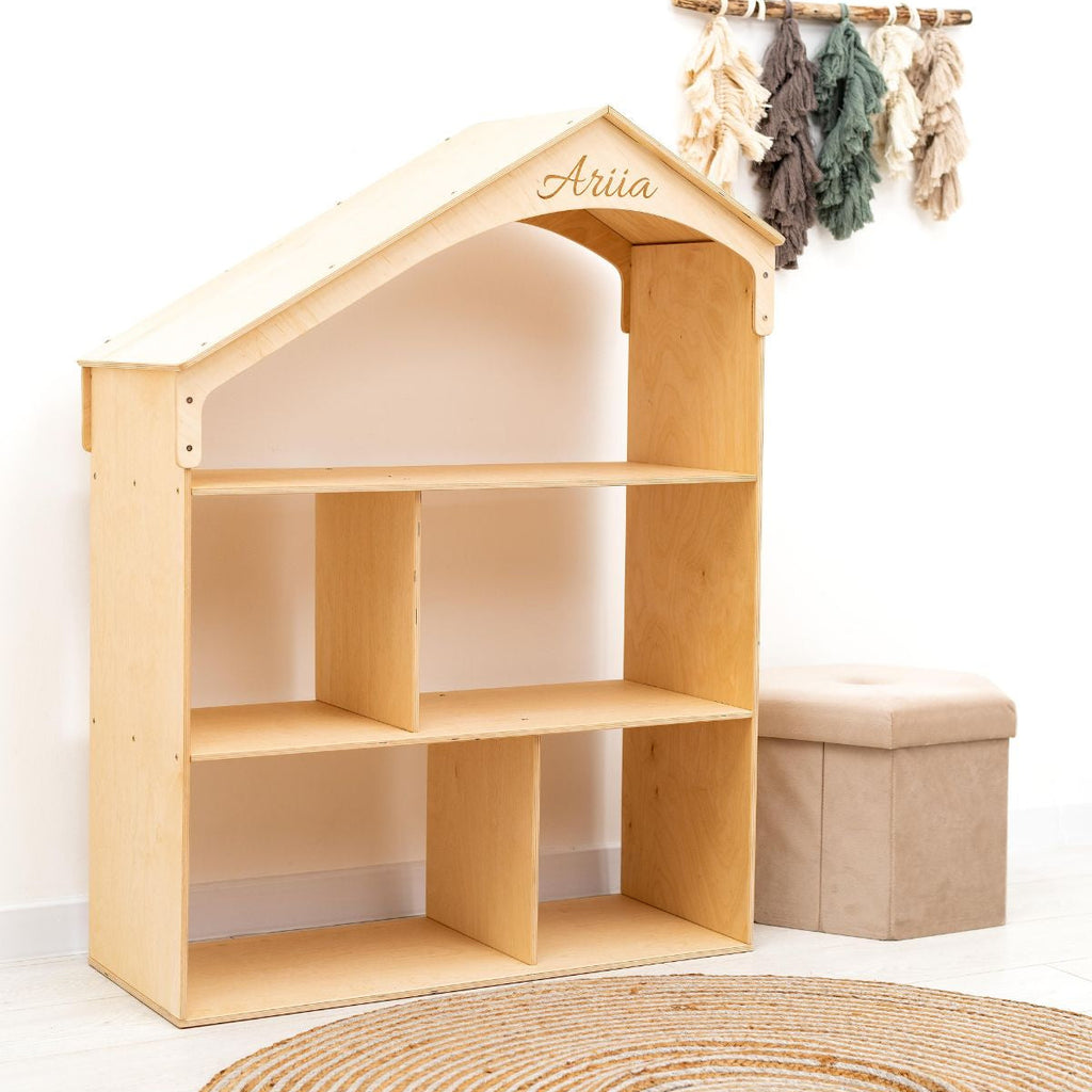 Montessori Wooden Dollhouse Bookshelf for Kids