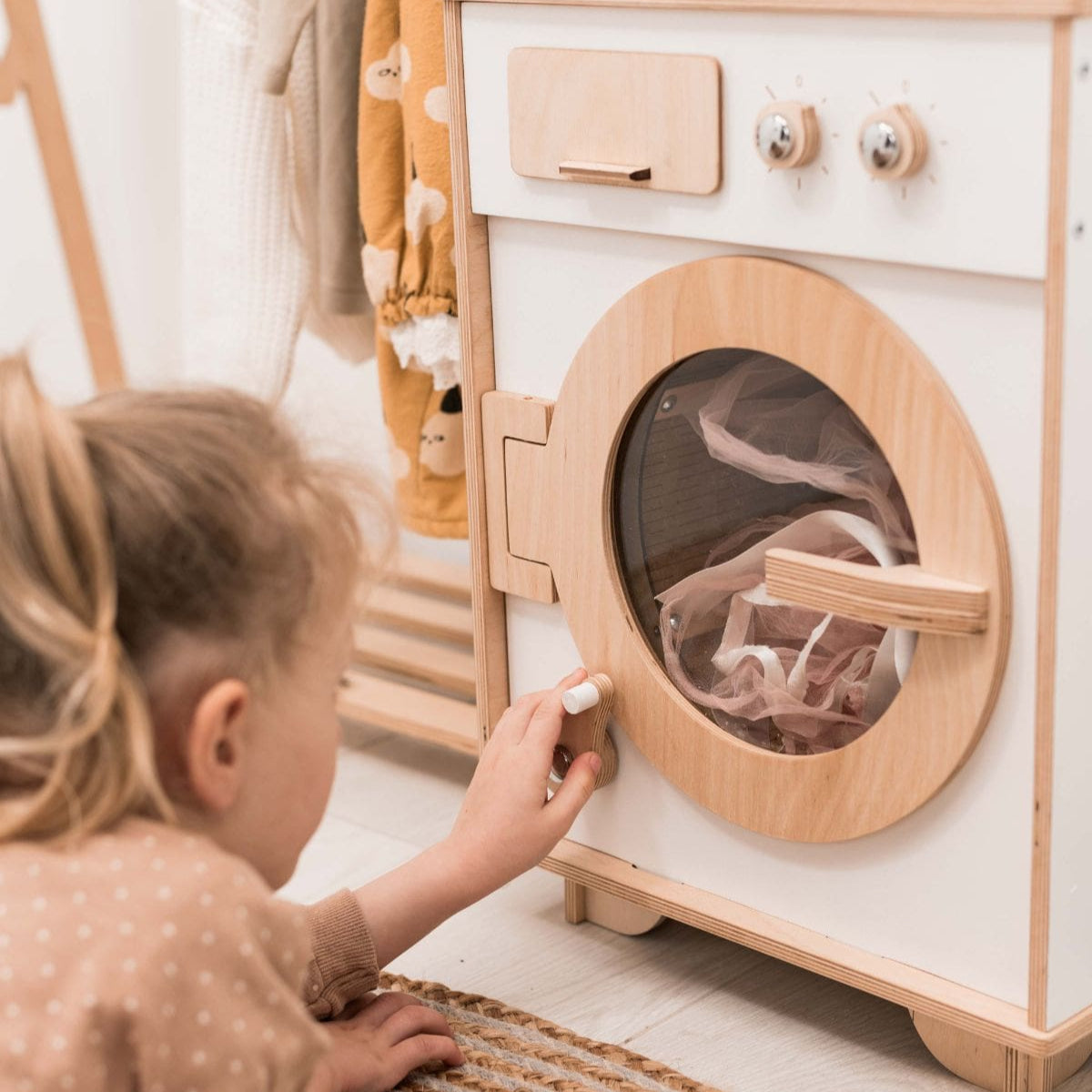 Handcrafted Wooden Toy Washing Machine for Pretend Play