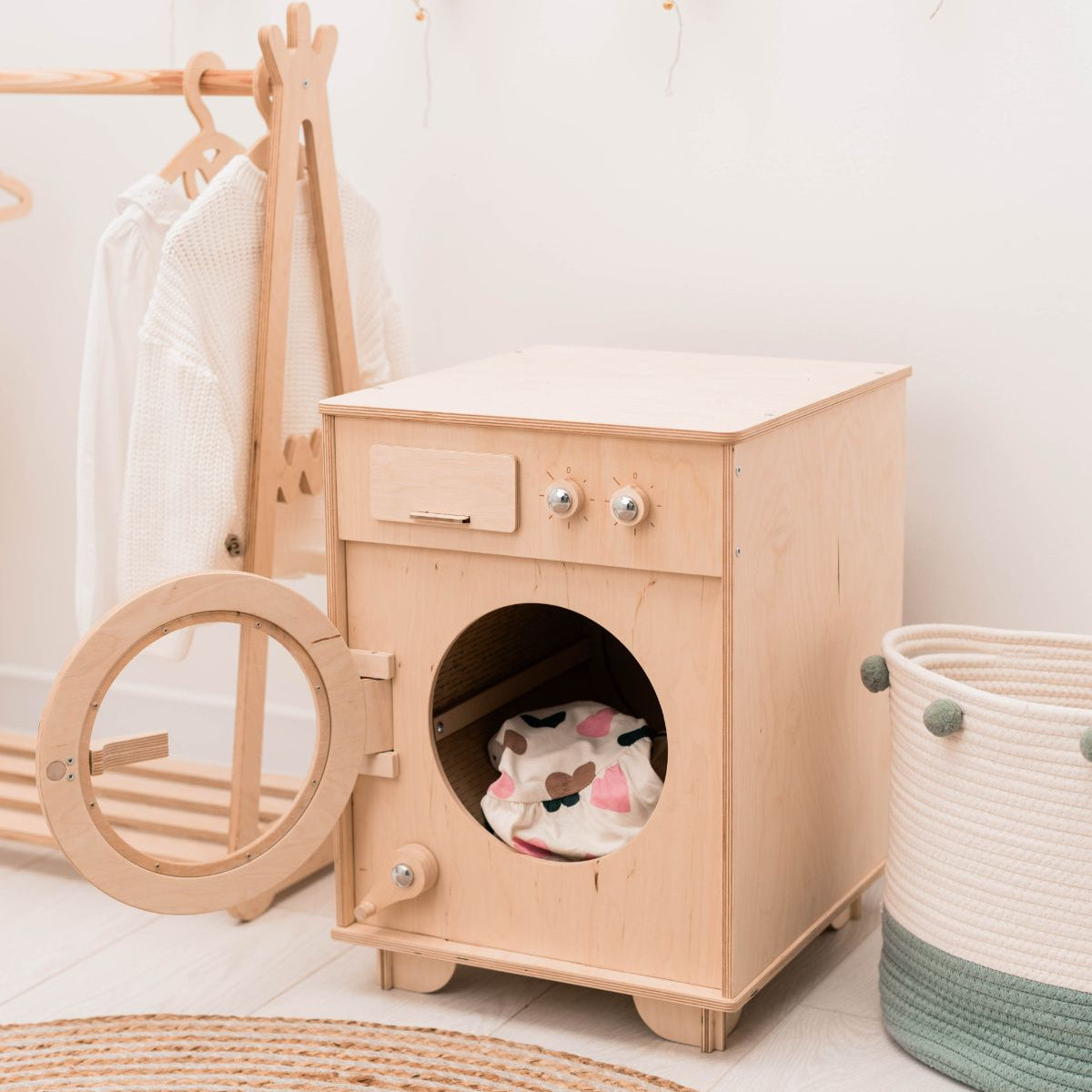 Handcrafted Wooden Toy Washing Machine for Pretend Play