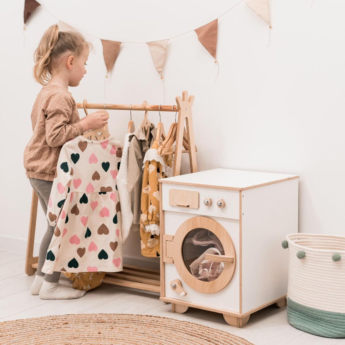 Handcrafted Wooden Toy Washing Machine for Pretend Play