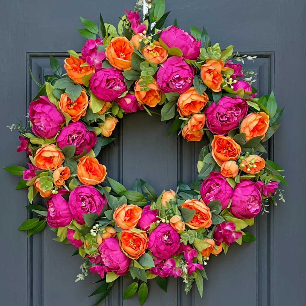 Bright Pink Orange Peony Wreath - Vibrant Grapevine Spring Decor