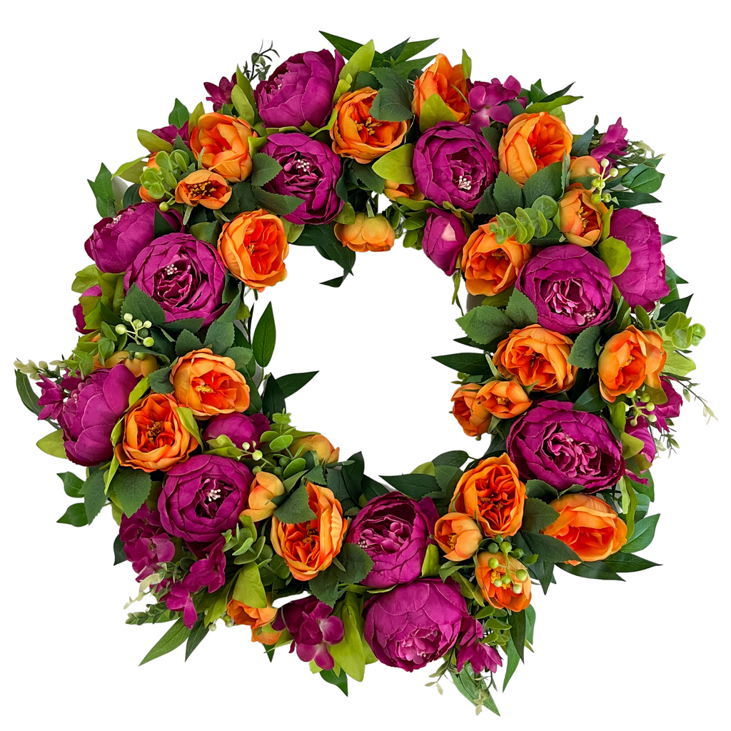 Bright Pink Orange Peony Wreath - Vibrant Grapevine Spring Decor