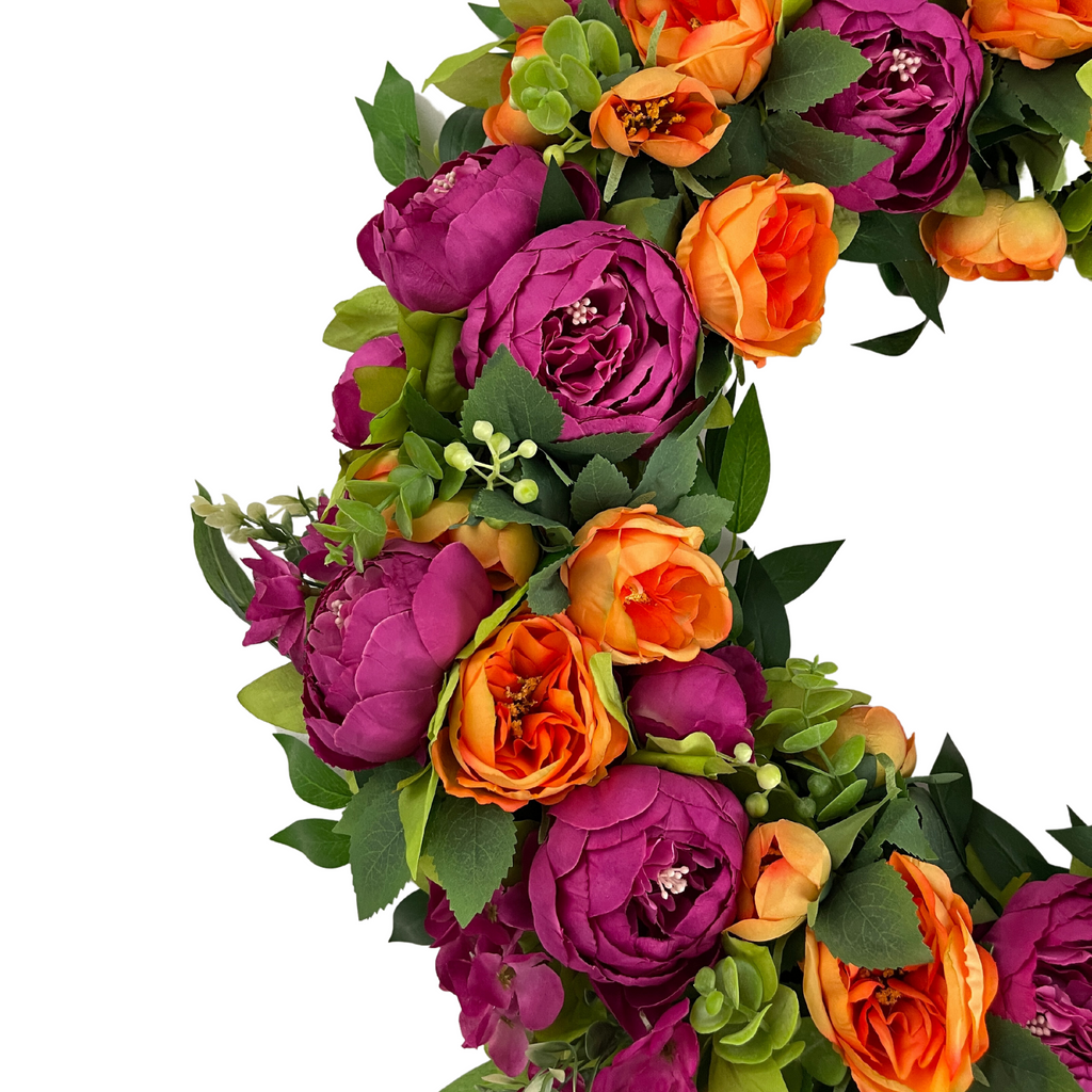 Bright Pink Orange Peony Wreath - Vibrant Grapevine Spring Decor